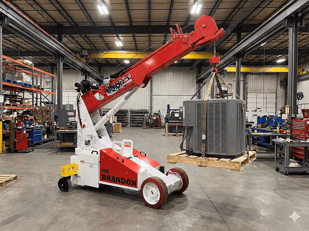 Red and white Bailey mini crane on the factory floor